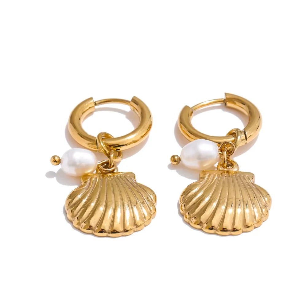 Ocean Theme Natural Pearl Conch Shell Starfish Drop Summer Hoop Earrings for Women Stainless Steel Holiday Daily Jewelry
