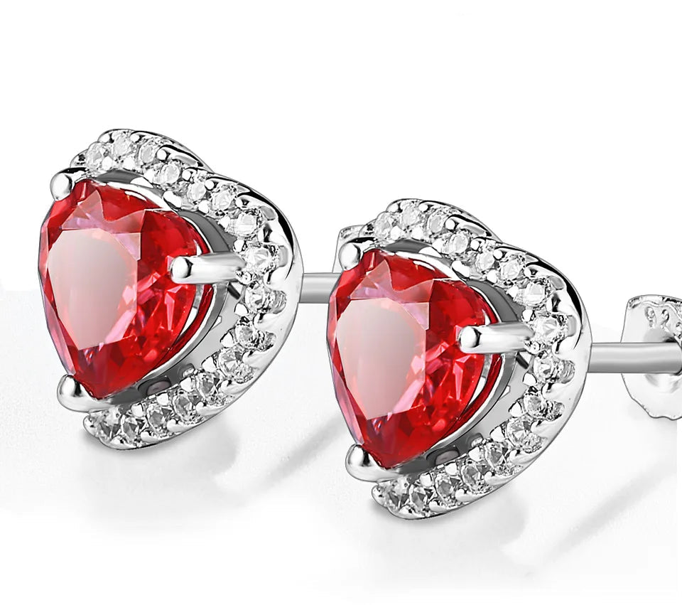 Valentine's Day Heart Shaped Lab Grown Ruby Stud Earrings 925 Sterling Silver Earrings For Women