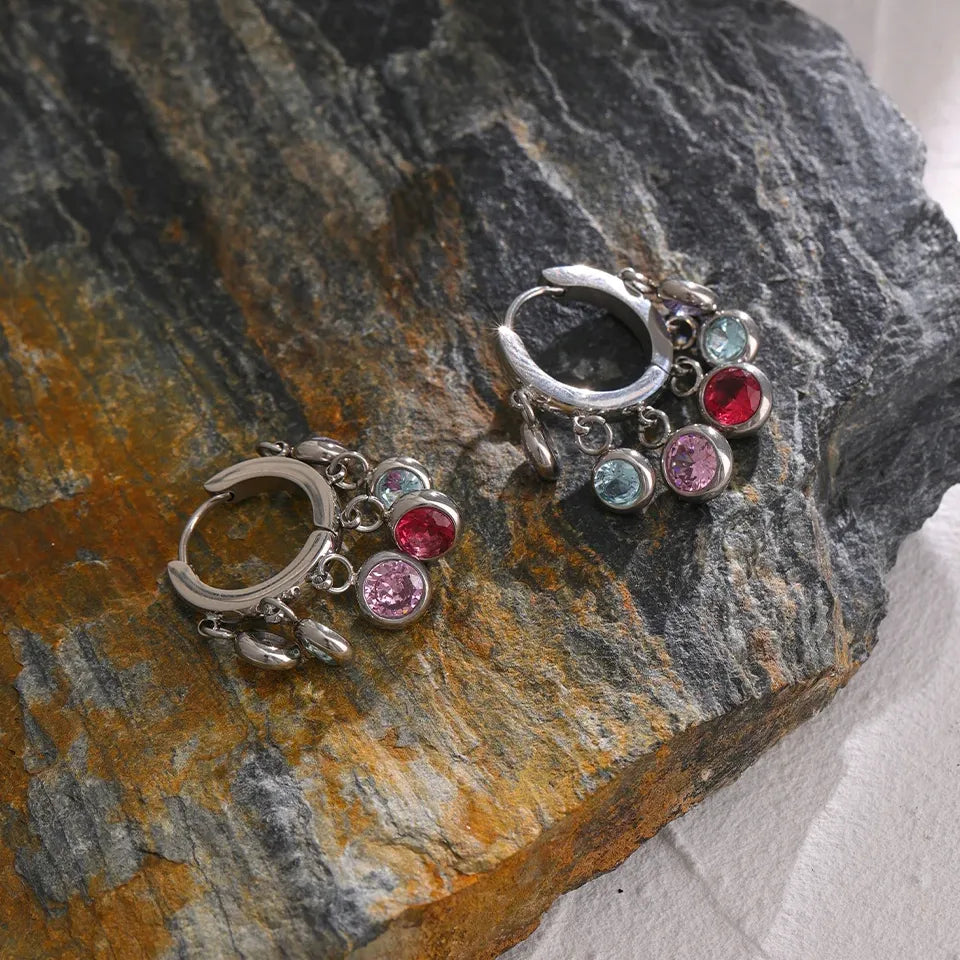 Stainless Steel Colorful Cubic Zirconia Hoop Earrings for Women Exquisite Fashion Metal Texture Geometric Earrings Gift