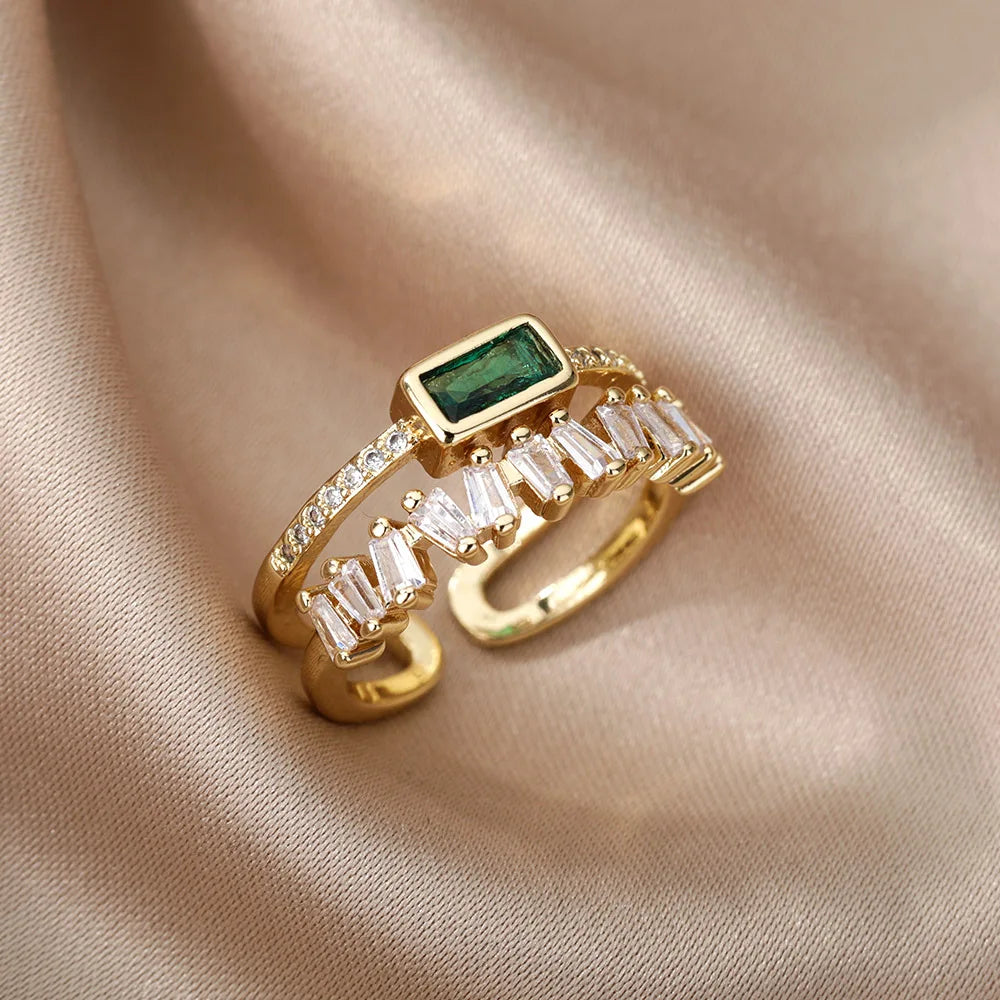 Green Double Layer Zircon Ring – 18K Gold Plated Adjustable Band