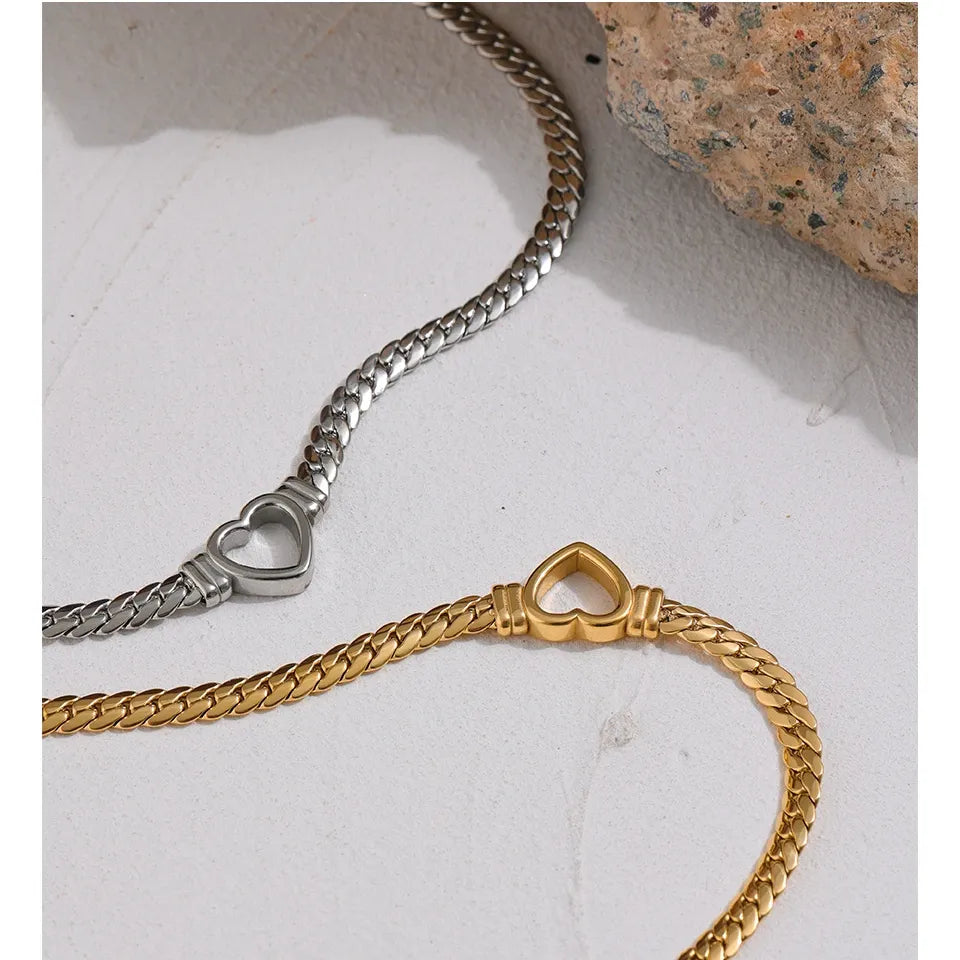 Fashion Heart Flat Collar Necklace – Polished Stainless Steel Choker