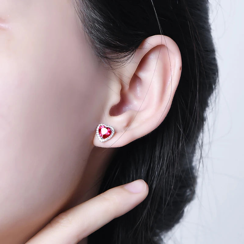Valentine's Day Heart Shaped Lab Grown Ruby Stud Earrings 925 Sterling Silver Earrings For Women