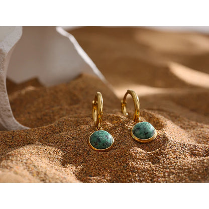Stainless Steel Green Natural Stone Hoop Earrings New Golden Metal Jewelry