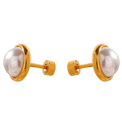 Pearl Screw-Back Stud Earrings Trendy Stainless Steel Jewelry Geometric 18K Plated