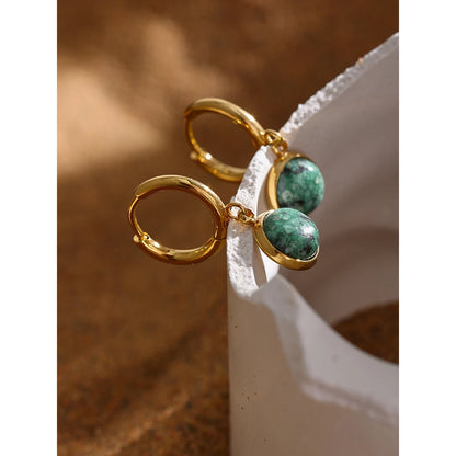 Stainless Steel Green Natural Stone Hoop Earrings New Golden Metal Jewelry