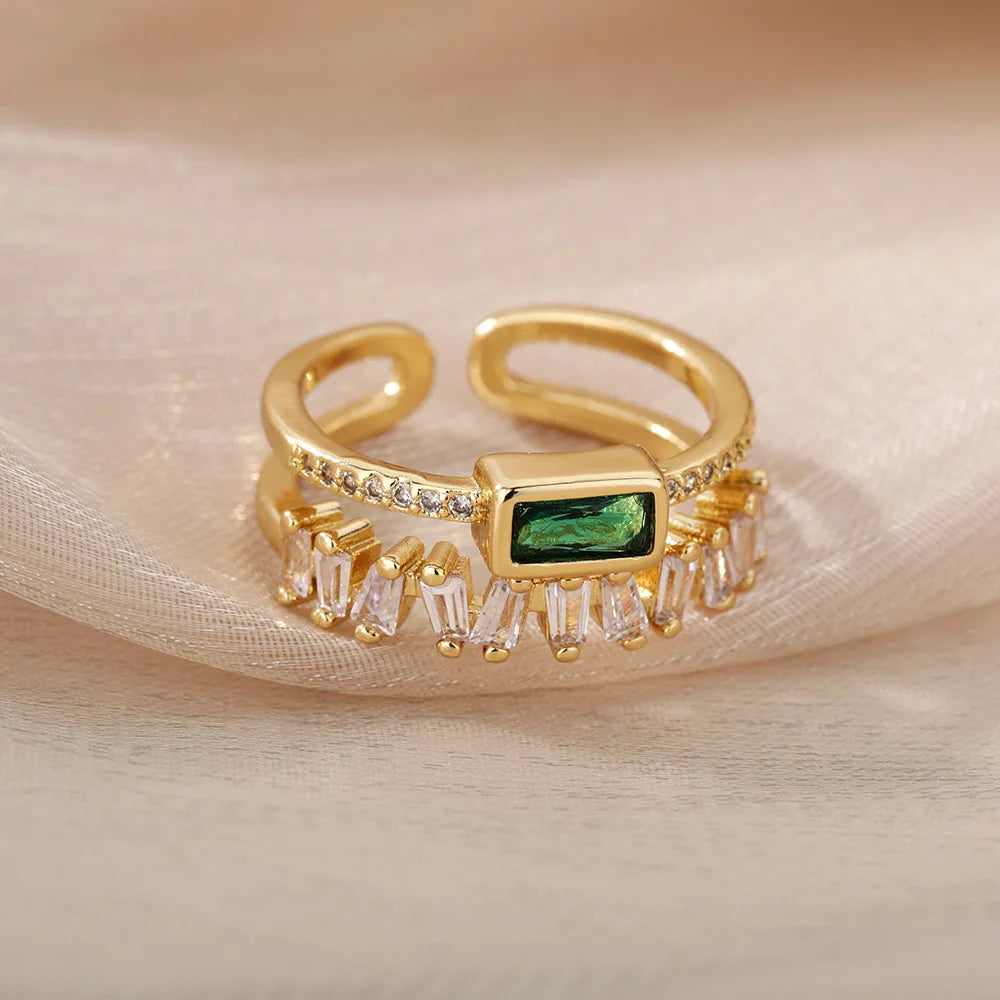 Green Double Layer Zircon Ring – 18K Gold Plated Adjustable Band