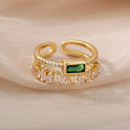 Green Double Layer Zircon Ring – 18K Gold Plated Adjustable Band