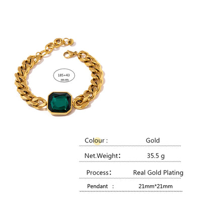 Green Crystal Thick Bracelet – 18K Gold Plated Stainless Steel