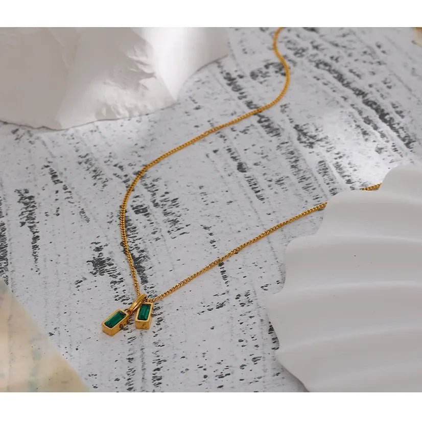 Geometric Green Zirconia Pendant Necklace – Dainty Gold Chain Jewelry