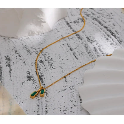 Geometric Green Zirconia Pendant Necklace – Dainty Gold Chain Jewelry