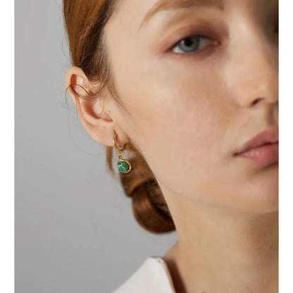 Stainless Steel Green Natural Stone Hoop Earrings New Golden Metal Jewelry