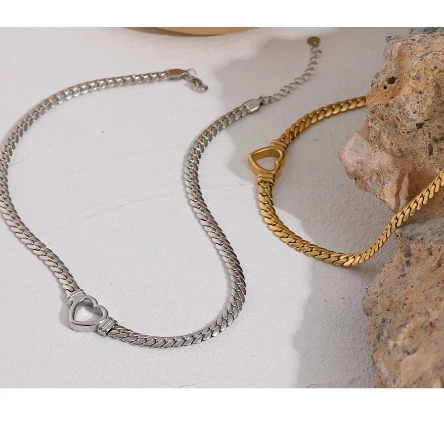 Fashion Heart Flat Collar Necklace – Polished Stainless Steel Choker