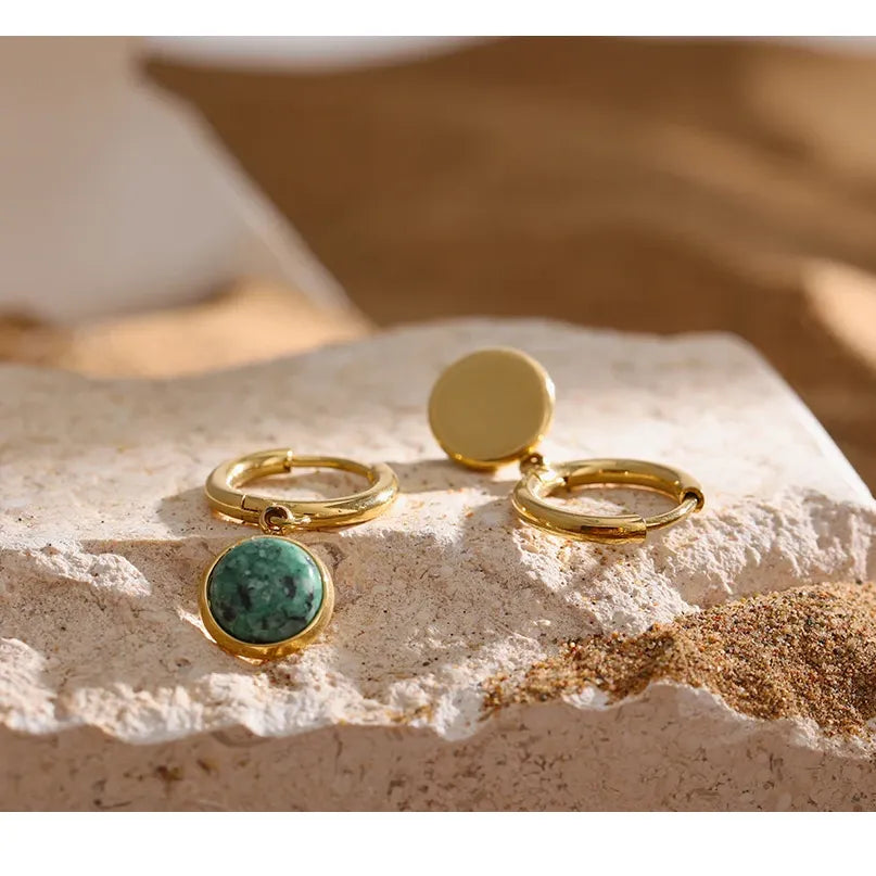 Stainless Steel Green Natural Stone Hoop Earrings New Golden Metal Jewelry
