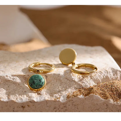Stainless Steel Green Natural Stone Hoop Earrings New Golden Metal Jewelry