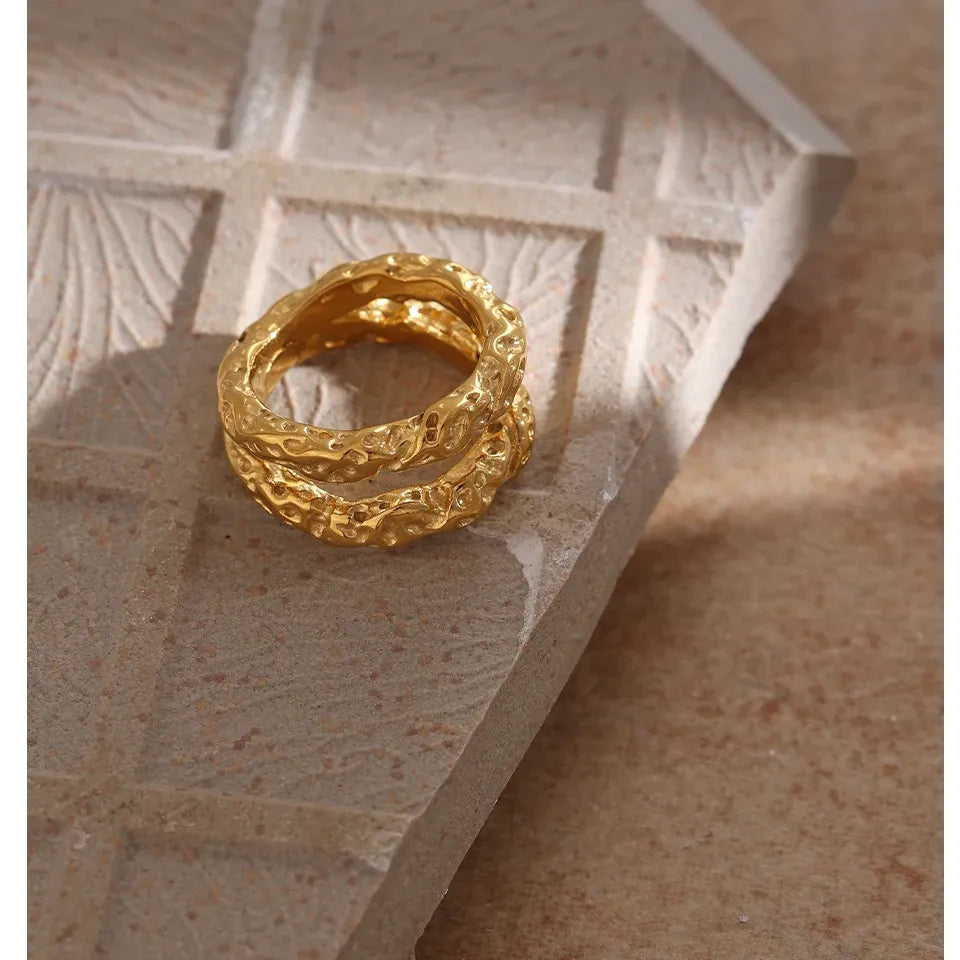 Luxe Stainless Steel 18K Gold Plated Round Statement Ring - Trendy Metal Jewelry