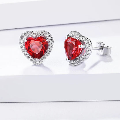 Valentine's Day Heart Shaped Lab Grown Ruby Stud Earrings 925 Sterling Silver Earrings For Women