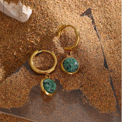 Stainless Steel Green Natural Stone Hoop Earrings New Golden Metal Jewelry