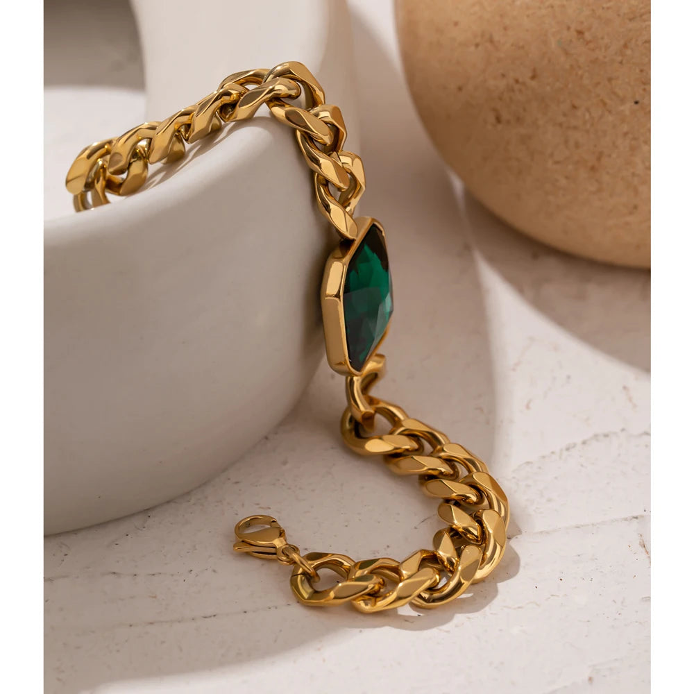 Green Crystal Thick Bracelet – 18K Gold Plated Stainless Steel
