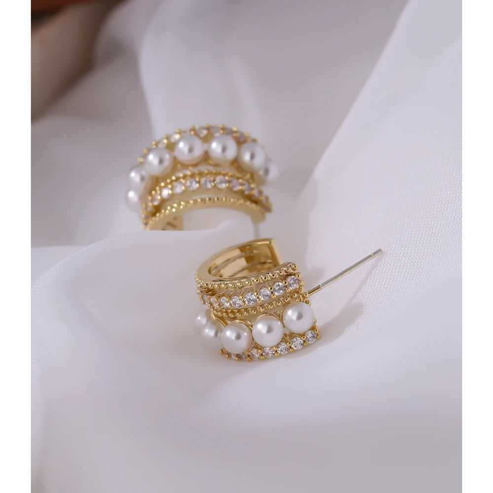 Gold Plated Stud Earrings with Pearl & Cubic Zirconia – Tarnish-Free Jewelry