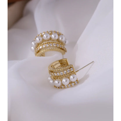Gold Plated Stud Earrings with Pearl & Cubic Zirconia – Tarnish-Free Jewelry