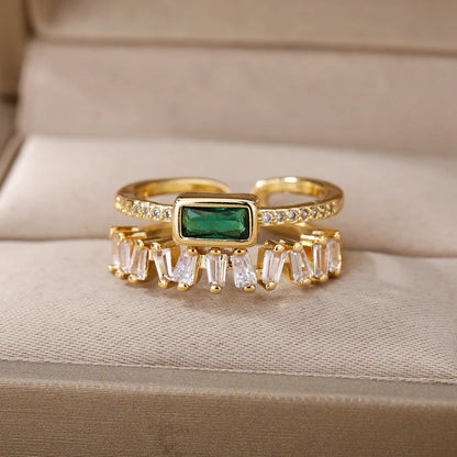 Green Double Layer Zircon Ring – 18K Gold Plated Adjustable Band