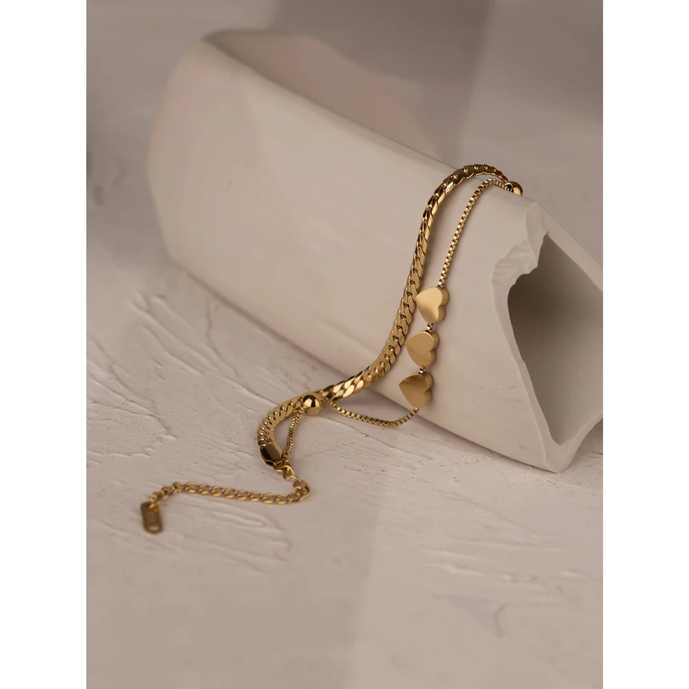 Heart Charm Snake Bracelet – Gold Plated Stainless Steel
