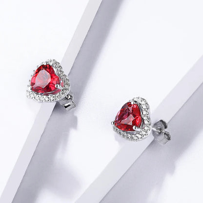 Valentine's Day Heart Shaped Lab Grown Ruby Stud Earrings 925 Sterling Silver Earrings For Women