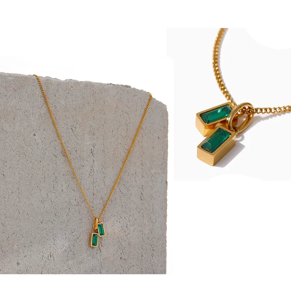 Geometric Green Zirconia Pendant Necklace – Dainty Gold Chain Jewelry
