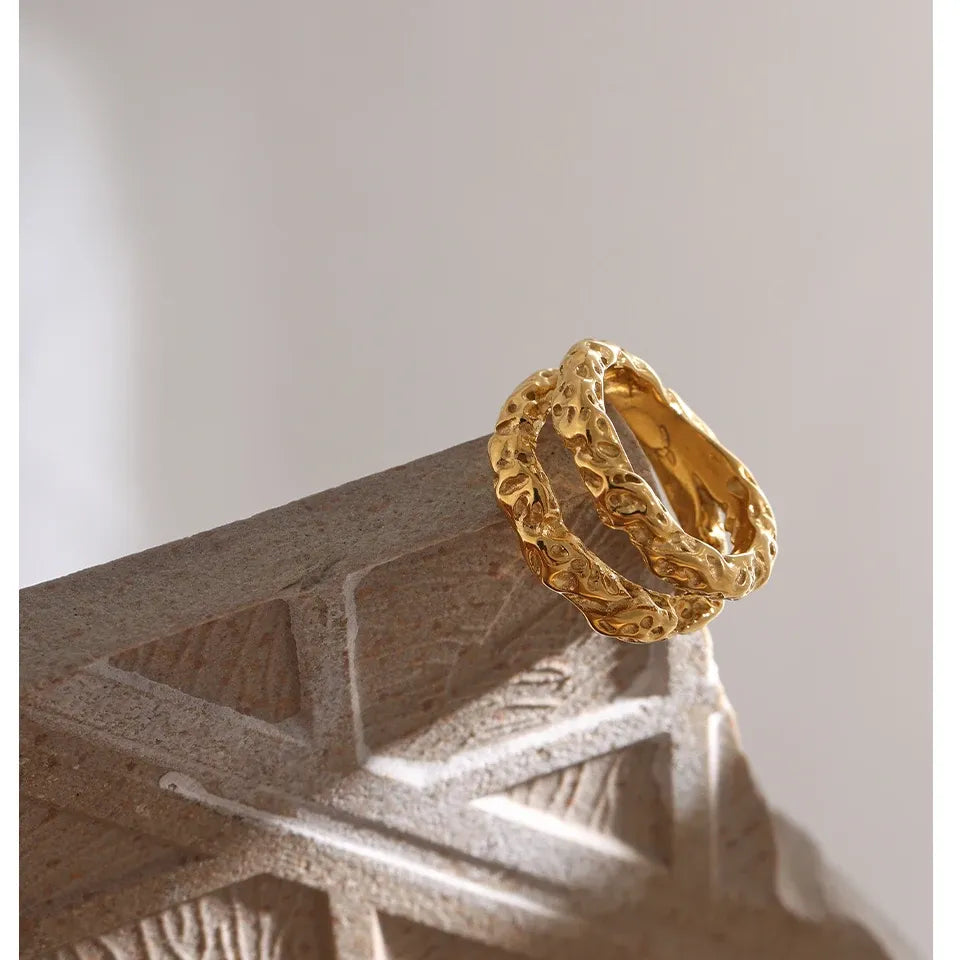 Luxe Stainless Steel 18K Gold Plated Round Statement Ring - Trendy Metal Jewelry