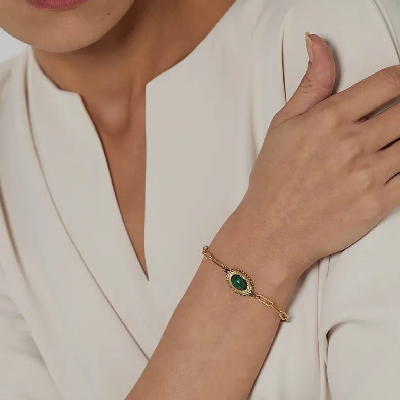 Gold Stainless Steel Stone Bracelet – Trendy Waterproof Jewelry