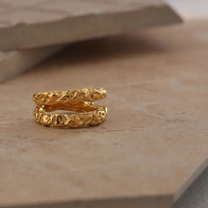 Luxe Stainless Steel 18K Gold Plated Round Statement Ring - Trendy Metal Jewelry