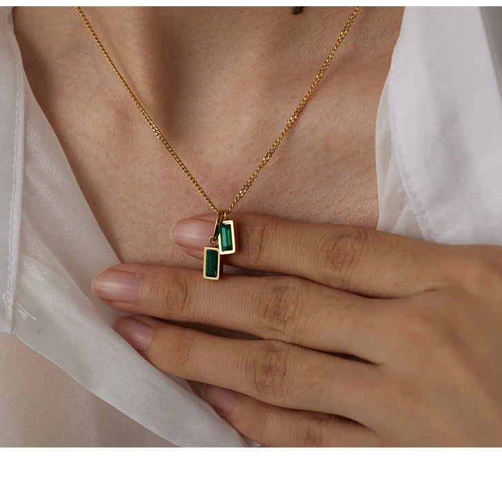 Geometric Green Zirconia Pendant Necklace – Dainty Gold Chain Jewelry