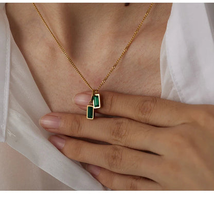 Geometric Green Zirconia Pendant Necklace – Dainty Gold Chain Jewelry