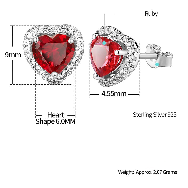 Valentine's Day Heart Shaped Lab Grown Ruby Stud Earrings 925 Sterling Silver Earrings For Women