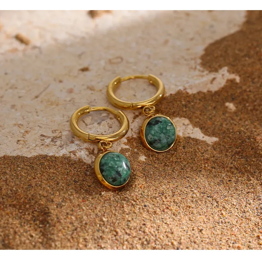 Stainless Steel Green Natural Stone Hoop Earrings New Golden Metal Jewelry