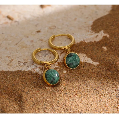 Stainless Steel Green Natural Stone Hoop Earrings New Golden Metal Jewelry