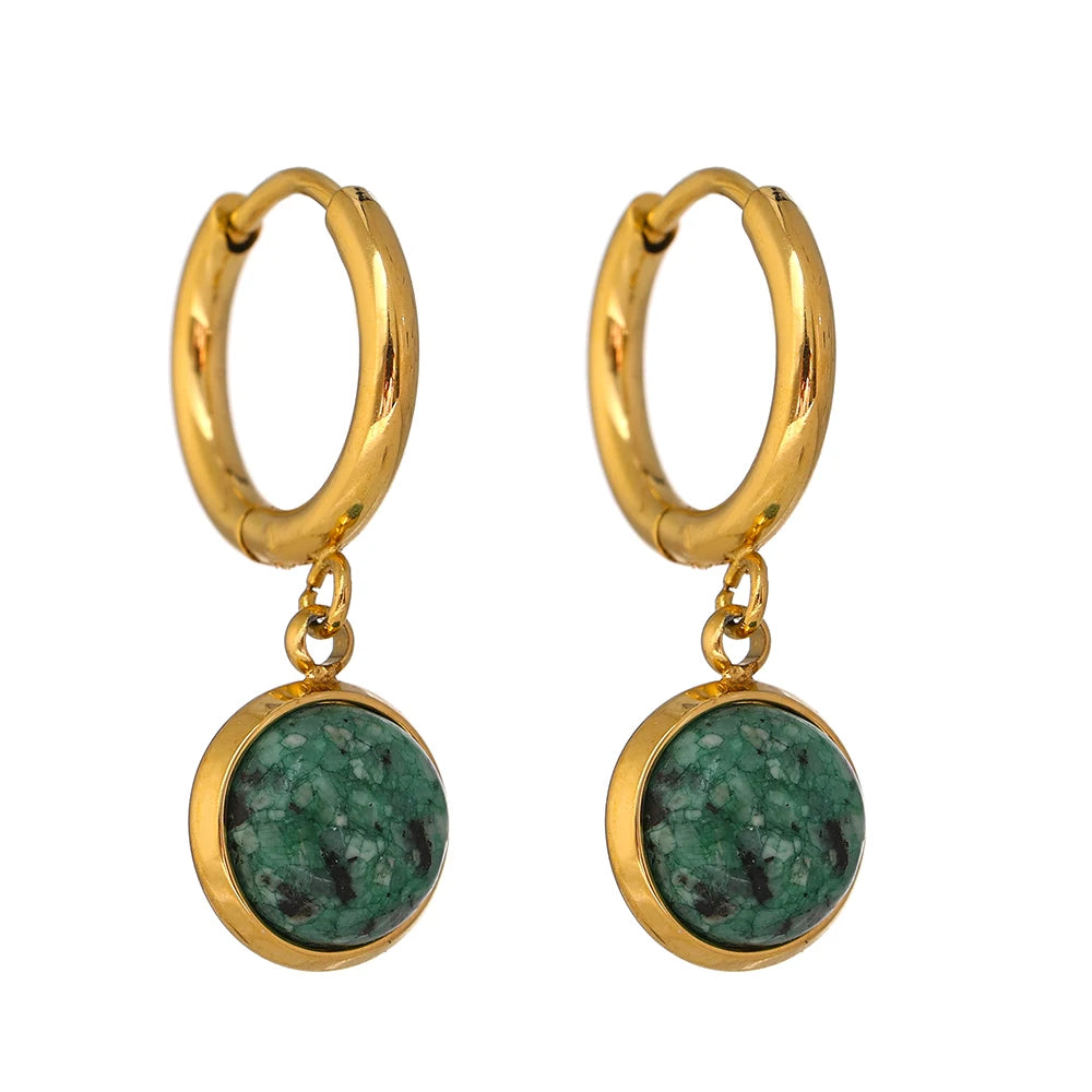 Stainless Steel Green Natural Stone Hoop Earrings New Golden Metal Jewelry