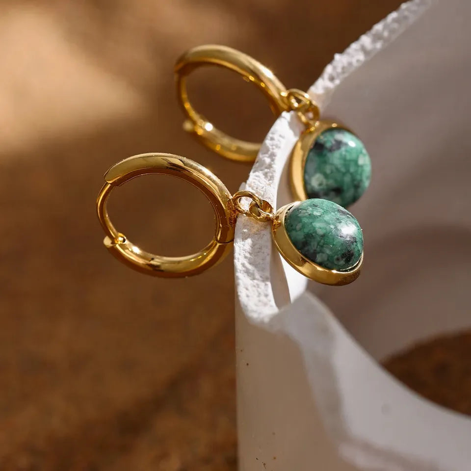 Stainless Steel Green Natural Stone Hoop Earrings New Golden Metal Jewelry