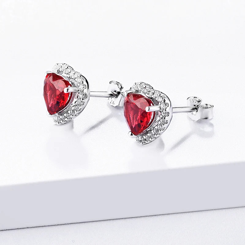 Valentine's Day Heart Shaped Lab Grown Ruby Stud Earrings 925 Sterling Silver Earrings For Women