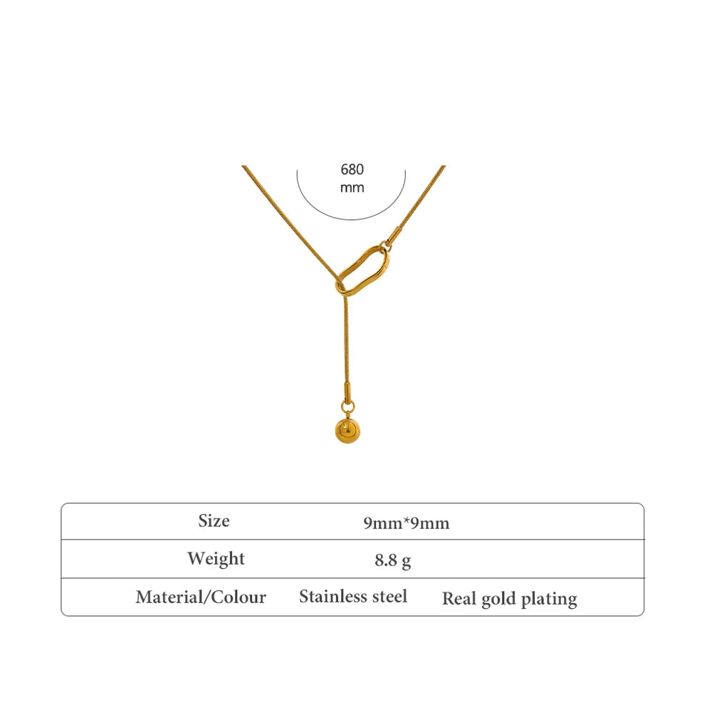 Gold necklace with measurement details on a white background