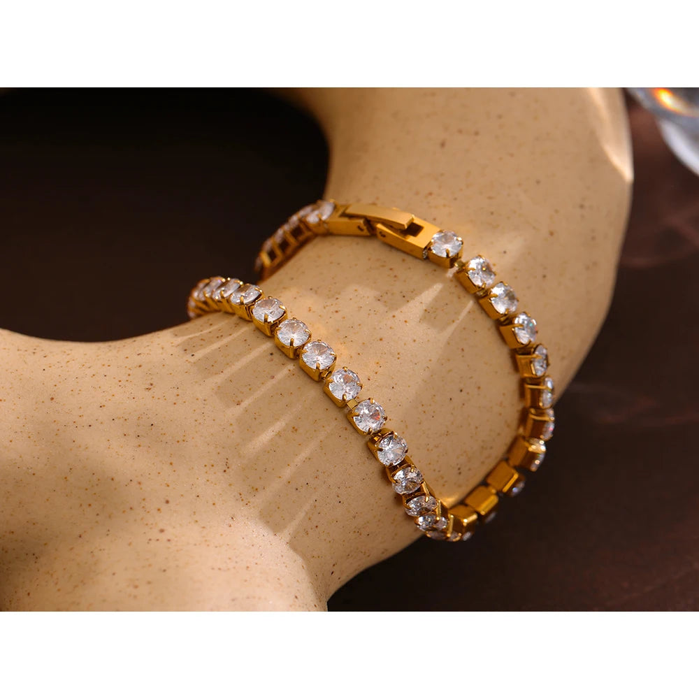 Luxury Cubic Zirconia Tennis Bracelet – Stainless Steel 18K Gold Plated Waterproof