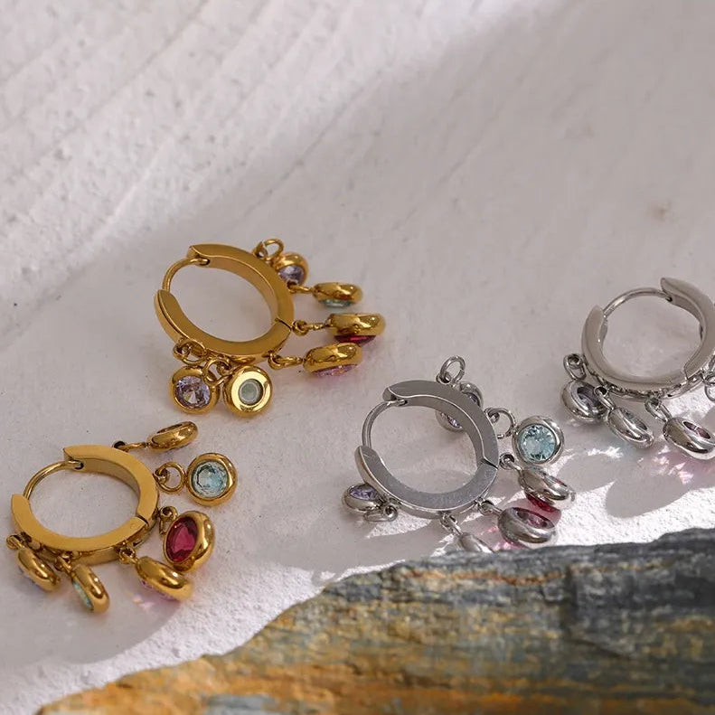 Stainless Steel Colorful Cubic Zirconia Hoop Earrings for Women Exquisite Fashion Metal Texture Geometric Earrings Gift