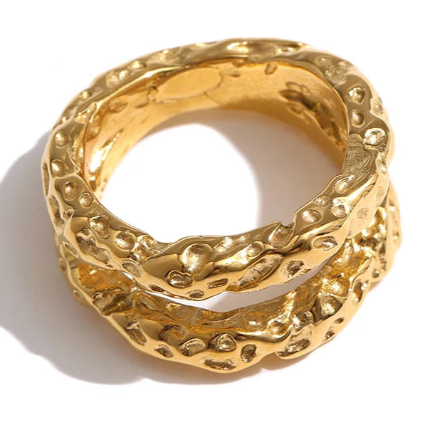 Luxe Stainless Steel 18K Gold Plated Round Statement Ring - Trendy Metal Jewelry