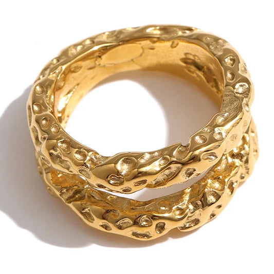 Luxe Stainless Steel 18K Gold Plated Round Statement Ring - Trendy Metal Jewelry