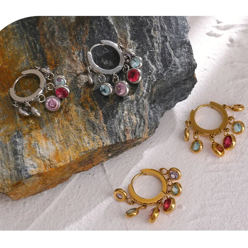 Stainless Steel Colorful Cubic Zirconia Hoop Earrings for Women Exquisite Fashion Metal Texture Geometric Earrings Gift