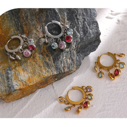 Stainless Steel Colorful Cubic Zirconia Hoop Earrings for Women Exquisite Fashion Metal Texture Geometric Earrings Gift