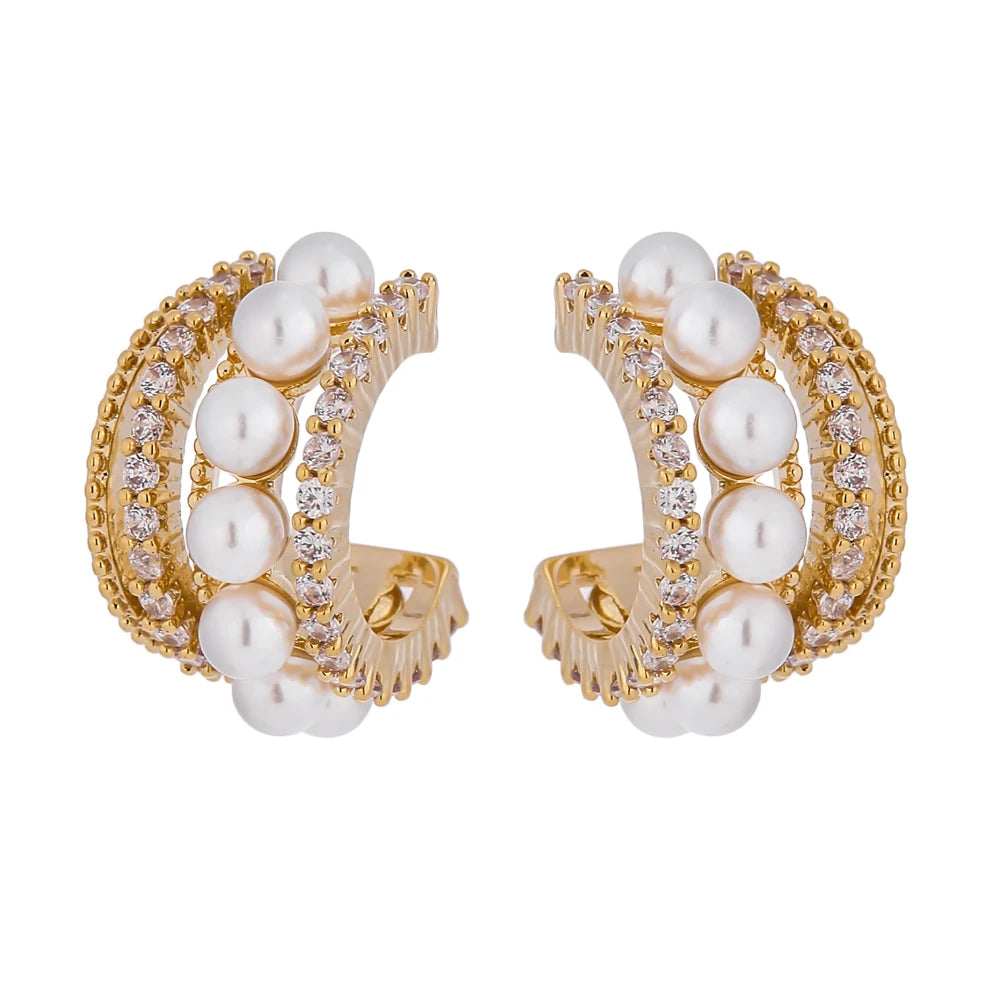 Gold Plated Stud Earrings with Pearl & Cubic Zirconia – Tarnish-Free Jewelry