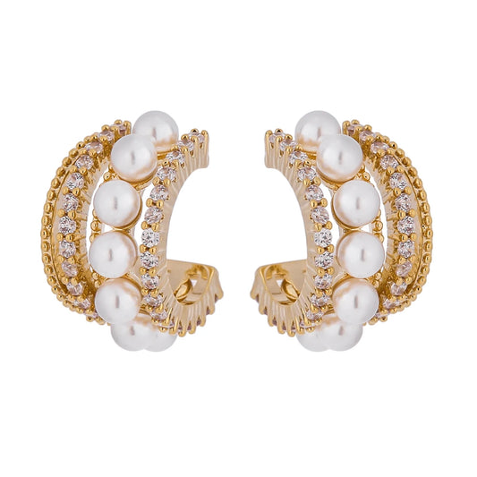 Gold Plated Stud Earrings with Pearl & Cubic Zirconia – Tarnish-Free Jewelry