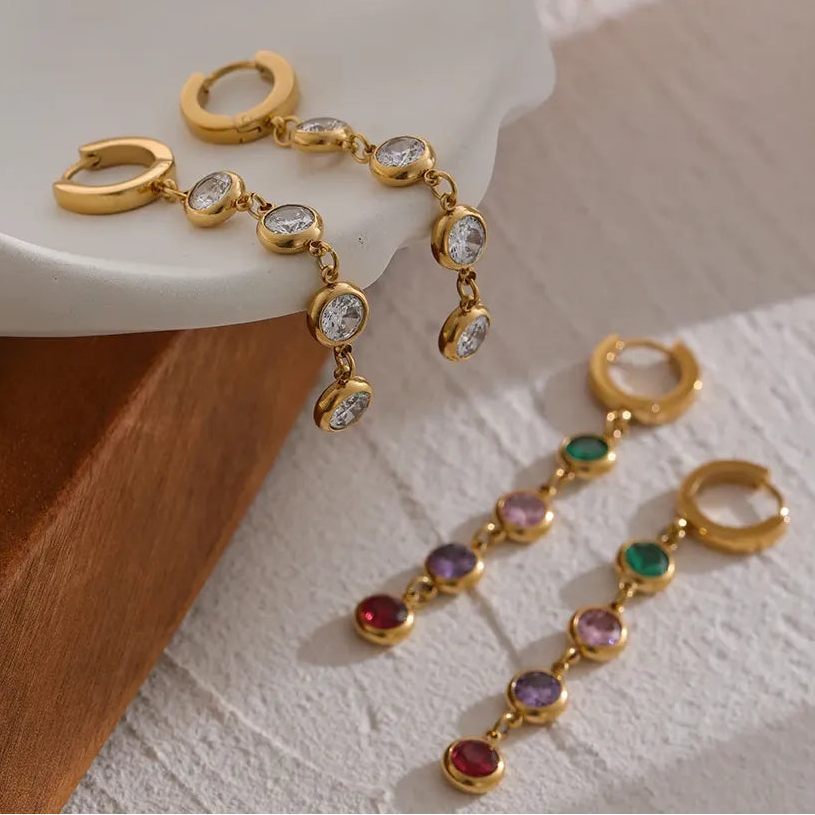 316L Stainless Steel Jewelry Stylish Cubic Zirconia Long Earrings High Quality Metal Geometric Earrings