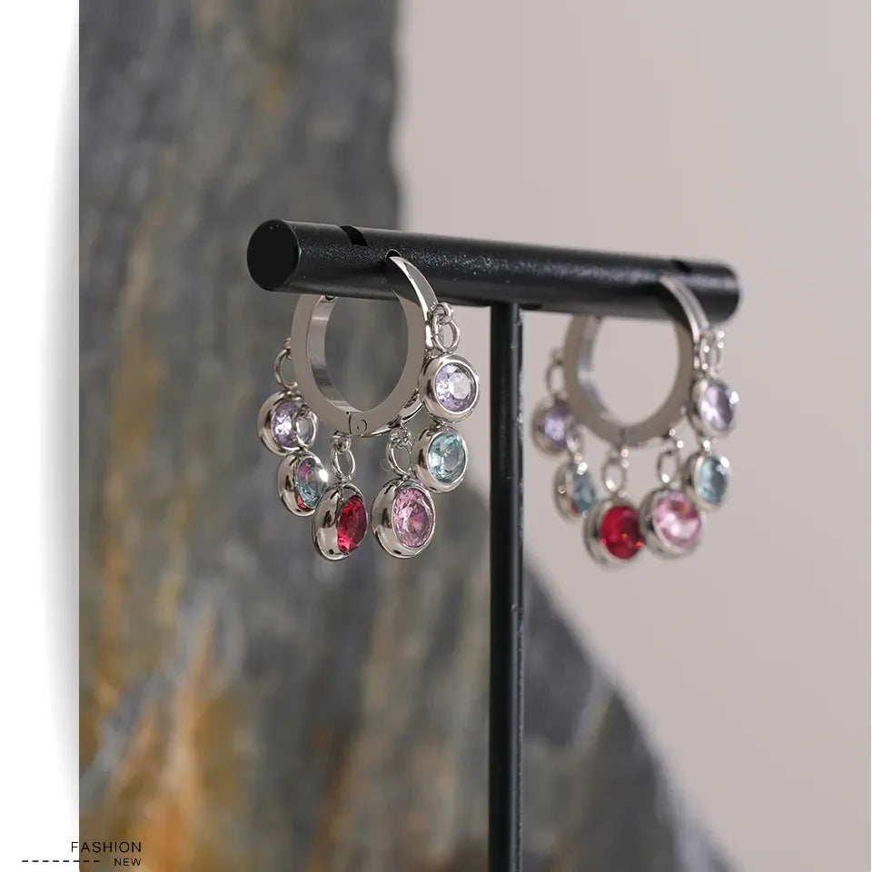 Stainless Steel Colorful Cubic Zirconia Hoop Earrings for Women Exquisite Fashion Metal Texture Geometric Earrings Gift